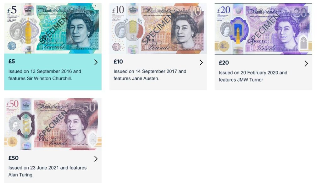 現在流通しているイギリスポンド紙幣