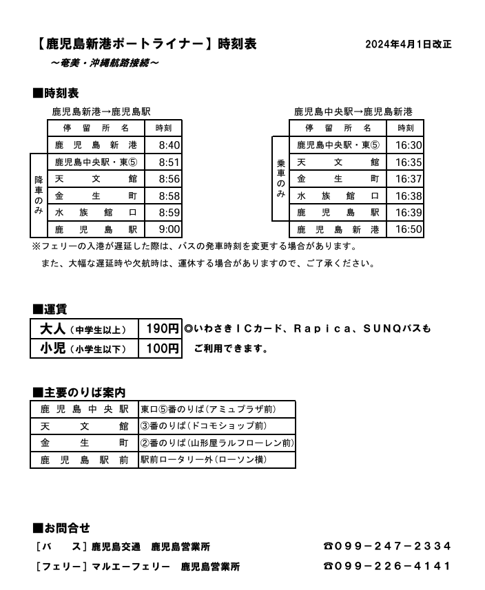 鹿児島新港ポートライナー時刻表