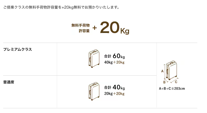 国内線の受託手荷物サイズ、個数、重量表