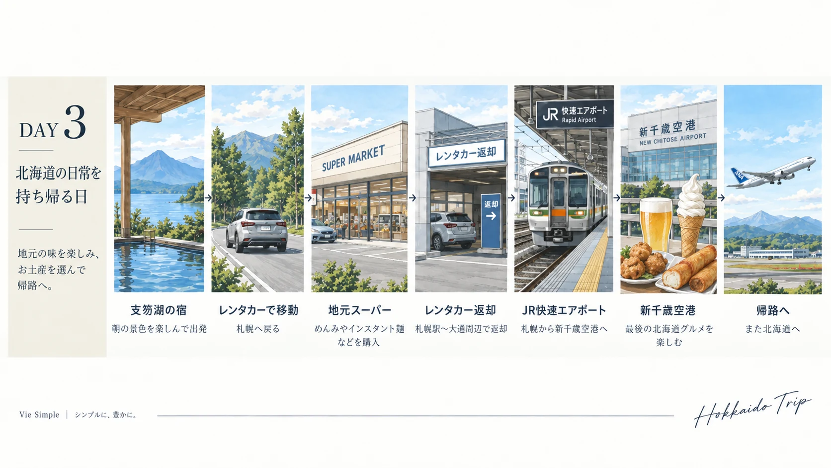 支笏湖から札幌を経て新千歳空港へ。お土産と北海道グルメを楽しむ3日目の行程
